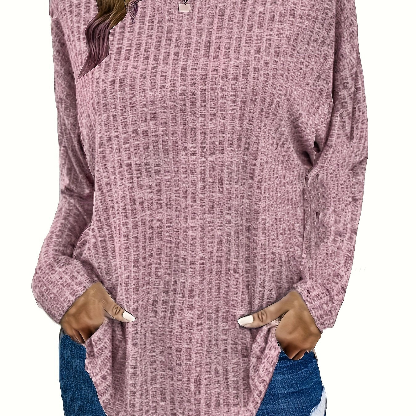 Women's Waffle Knit Tunic Sweater Curved Hem Long Sleeve Casual Everyday
