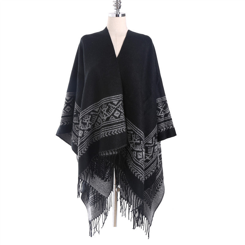 Women's Kimono-Style Wrap Coat Graphic Jacquard Design Fringed Hem Elegant Layering