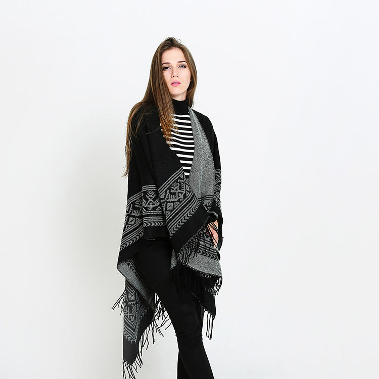 Women's Kimono-Style Wrap Coat Graphic Jacquard Design Fringed Hem Elegant Layering