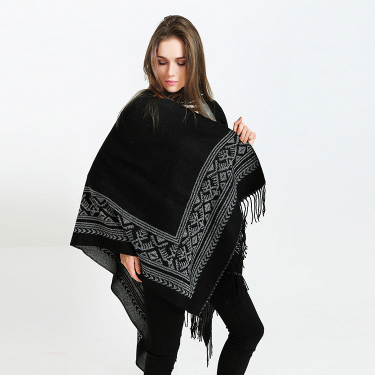 Women's Kimono-Style Wrap Coat Graphic Jacquard Design Fringed Hem Elegant Layering