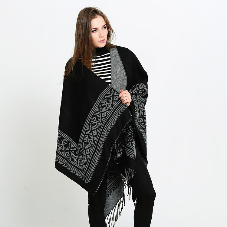 Women's Kimono-Style Wrap Coat Graphic Jacquard Design Fringed Hem Elegant Layering