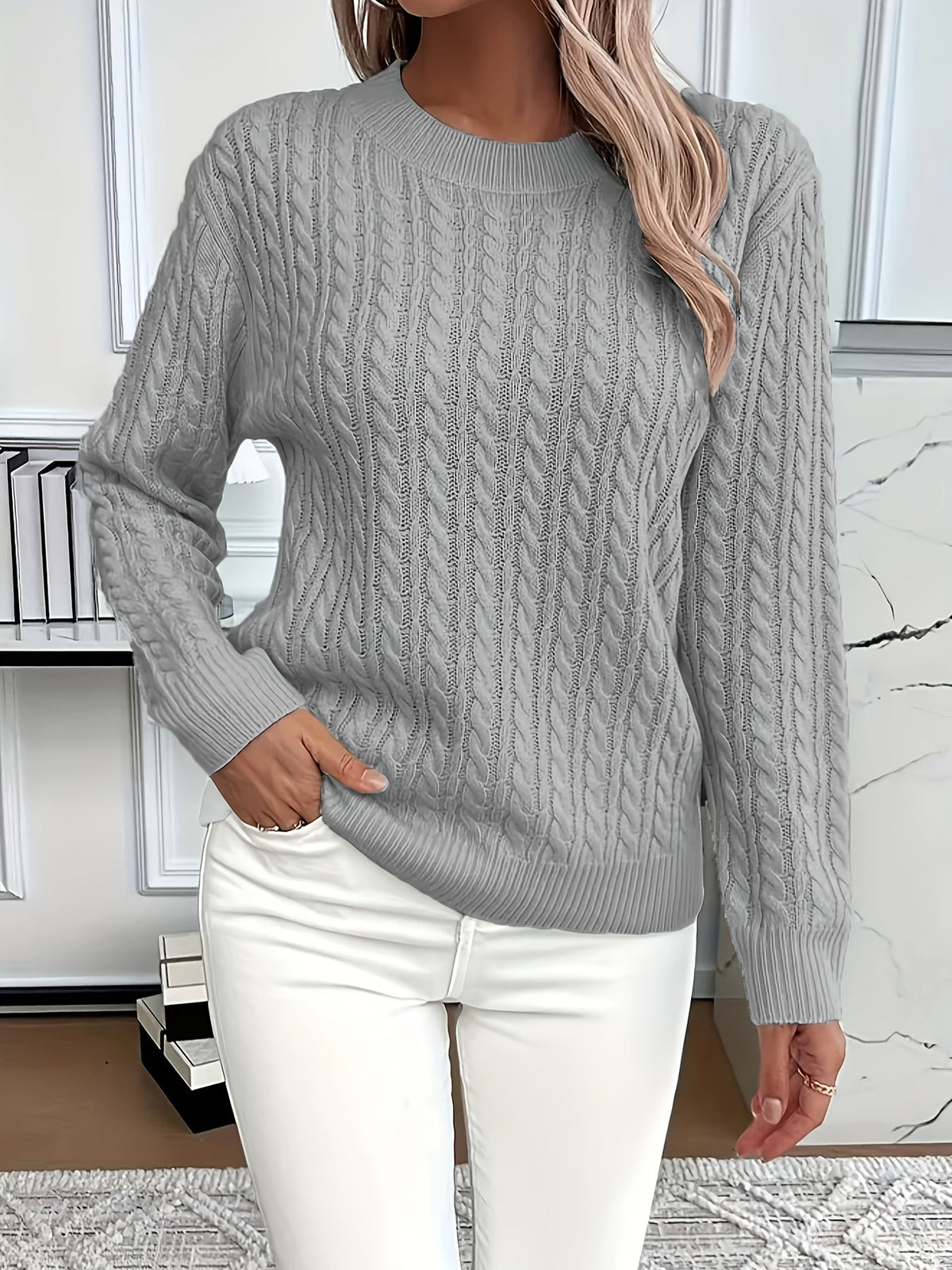 Women's Cozy Cable Knit Sweater Crewneck Long Sleeve Casual Everyday