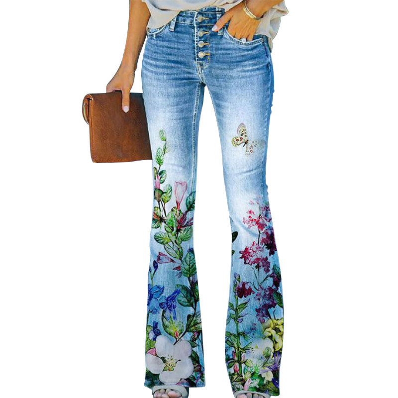 Women's Retro Floral High-Waisted Wide Leg Jeans Outfit for Work Casual Days Holidays and Everyday Wear
