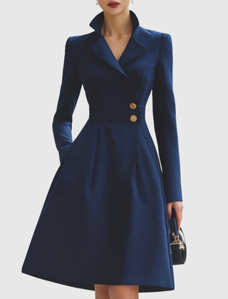Women's Tailored Fit Coat Dress Long Sleeve Notched Collar Button Closure Midi