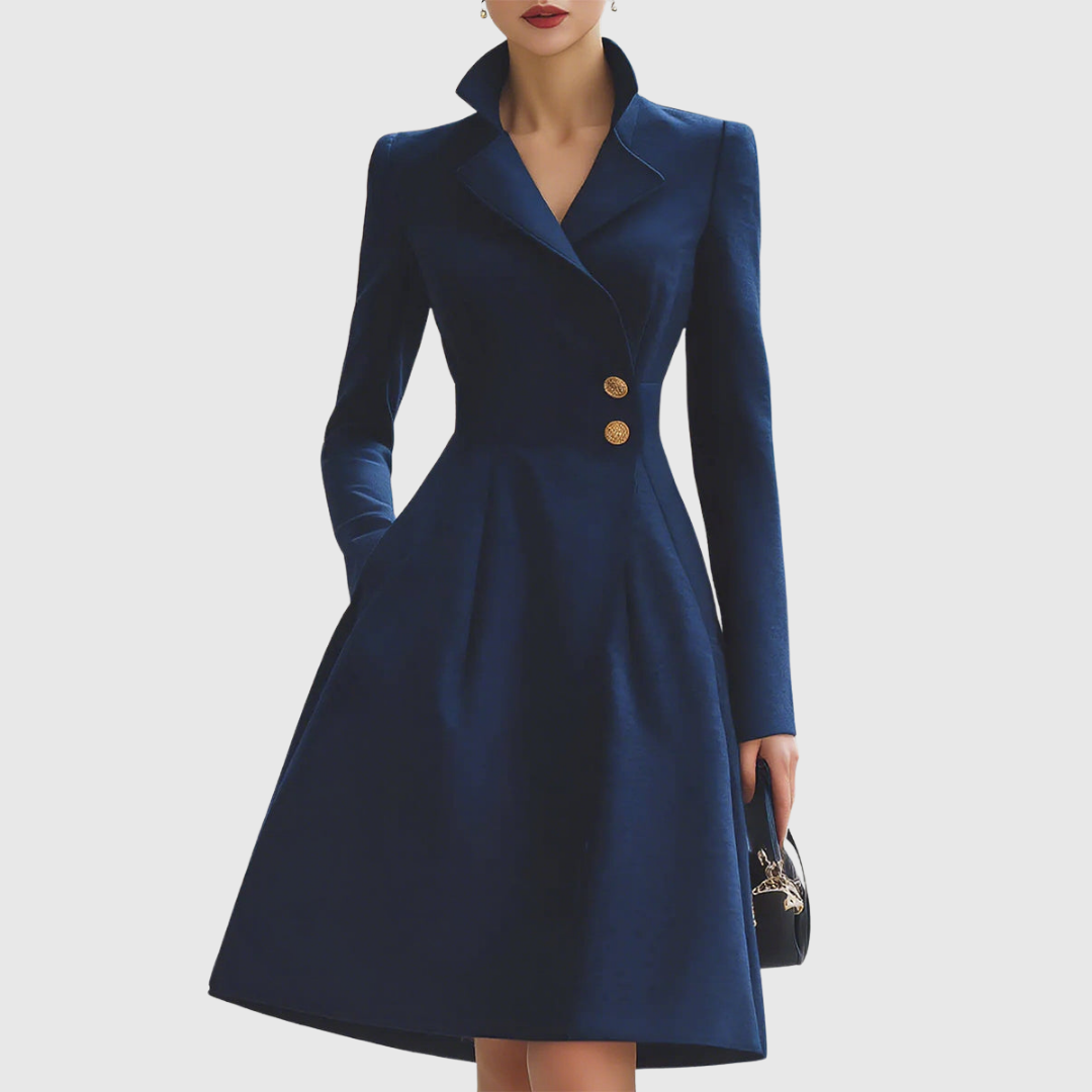 Women's Tailored Fit Coat Dress Long Sleeve Notched Collar Button Closure Midi