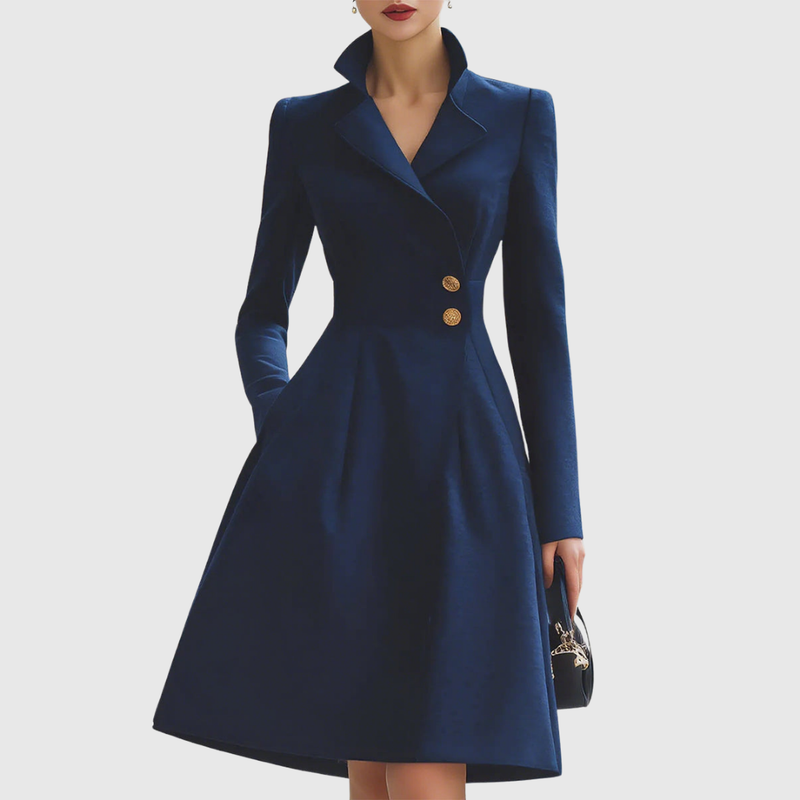 Women's Tailored Fit Coat Dress Long Sleeve Notched Collar Button Closure Midi
