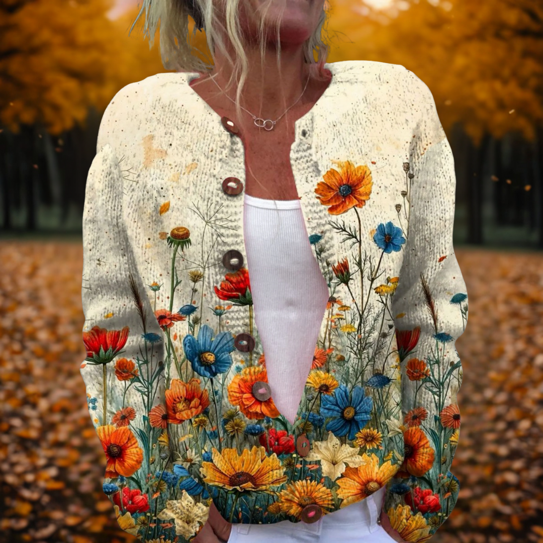 Women's Open-Front Knit Cardigan Vintage Floral Print Relaxed Fit Layering
