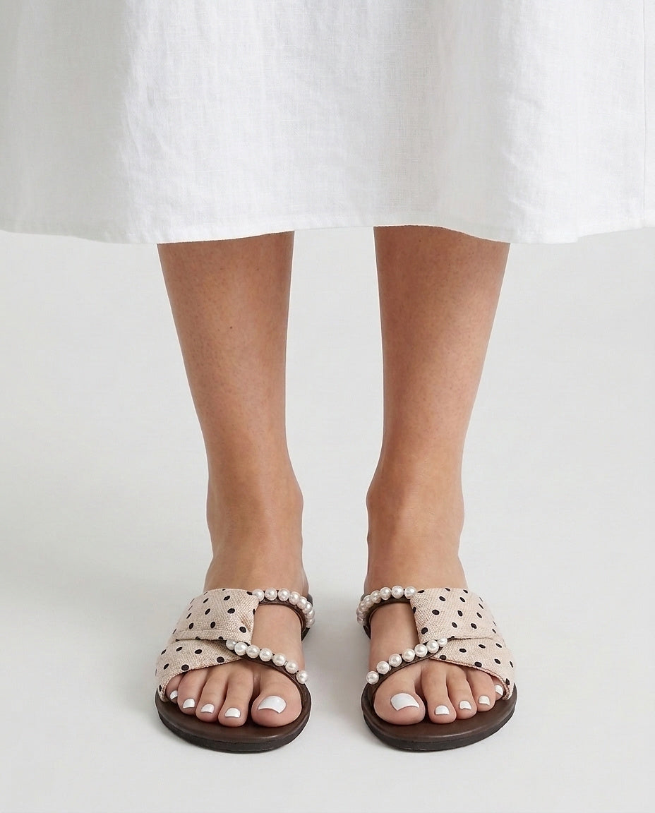 Women’s Flat Slide Sandals with Pearl Embellishments
