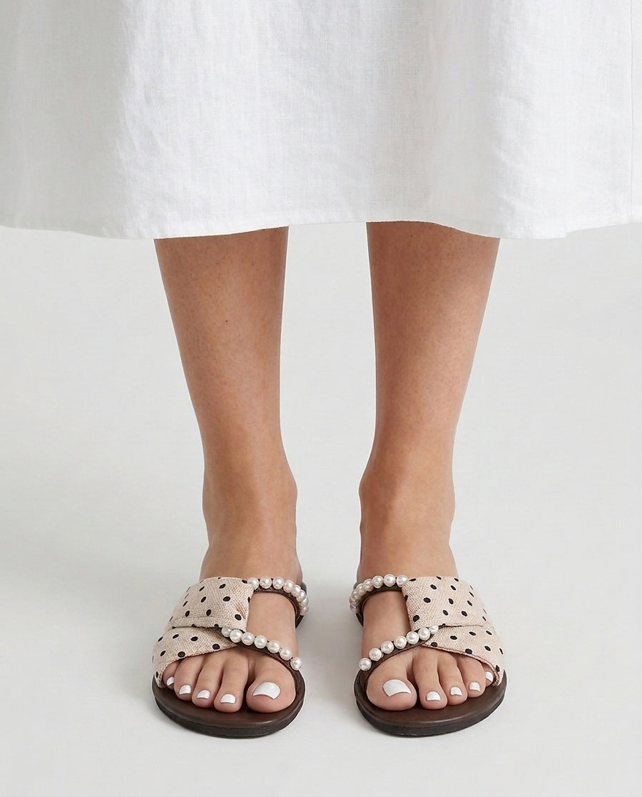 Women’s Flat Slide Sandals with Pearl Embellishments