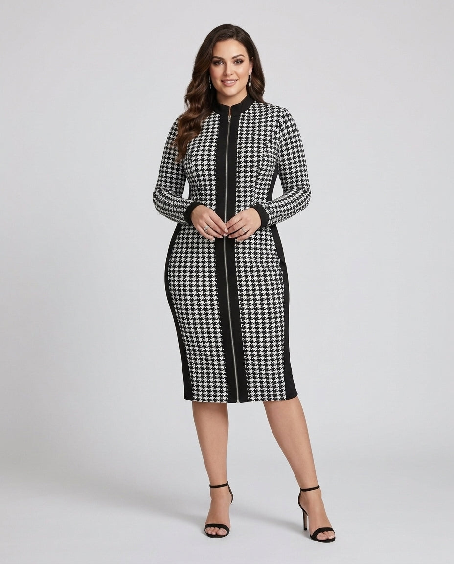Women's Houndstooth Patterned Zip-Front Midi Dress