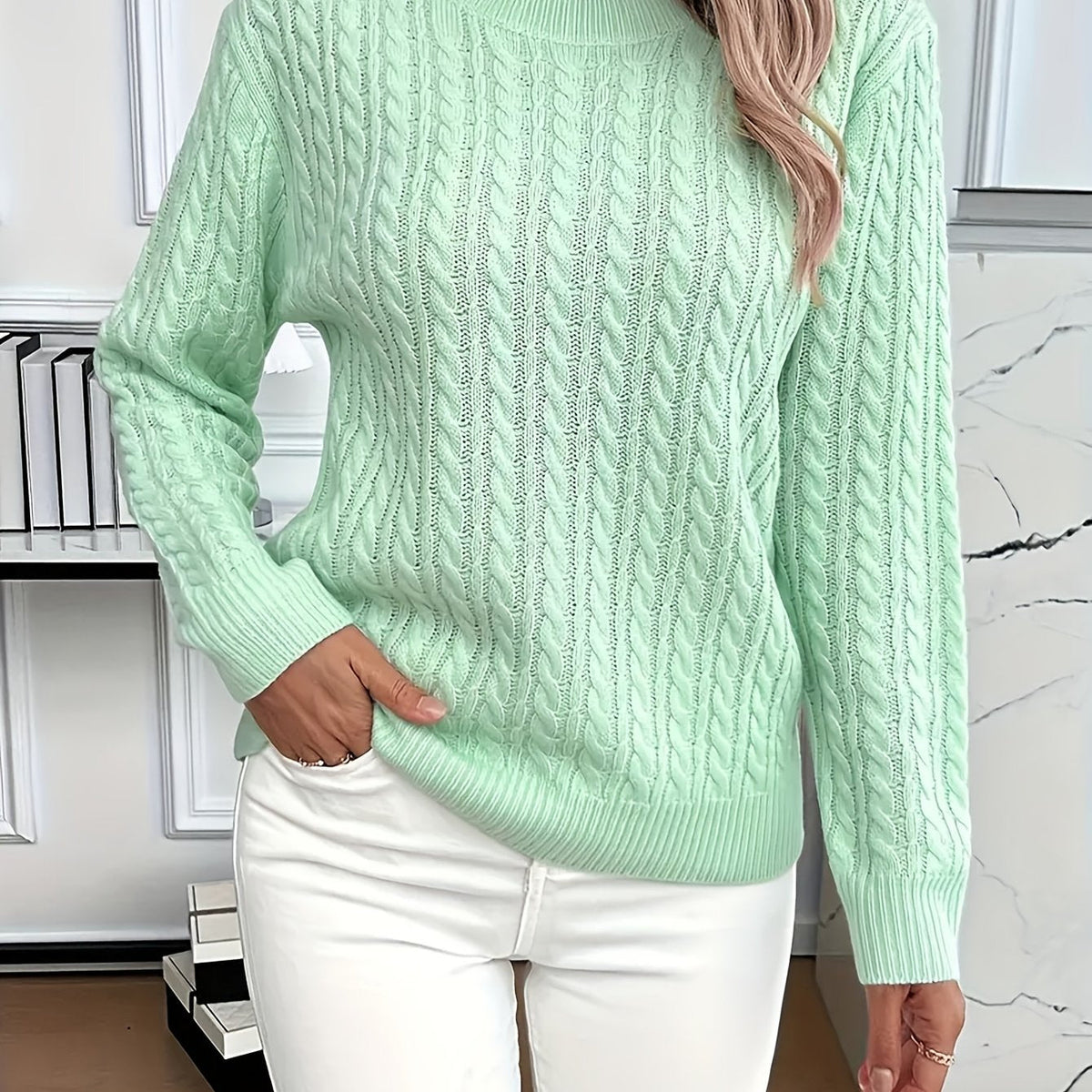 Women's Cozy Cable Knit Sweater Crewneck Long Sleeve Casual Everyday