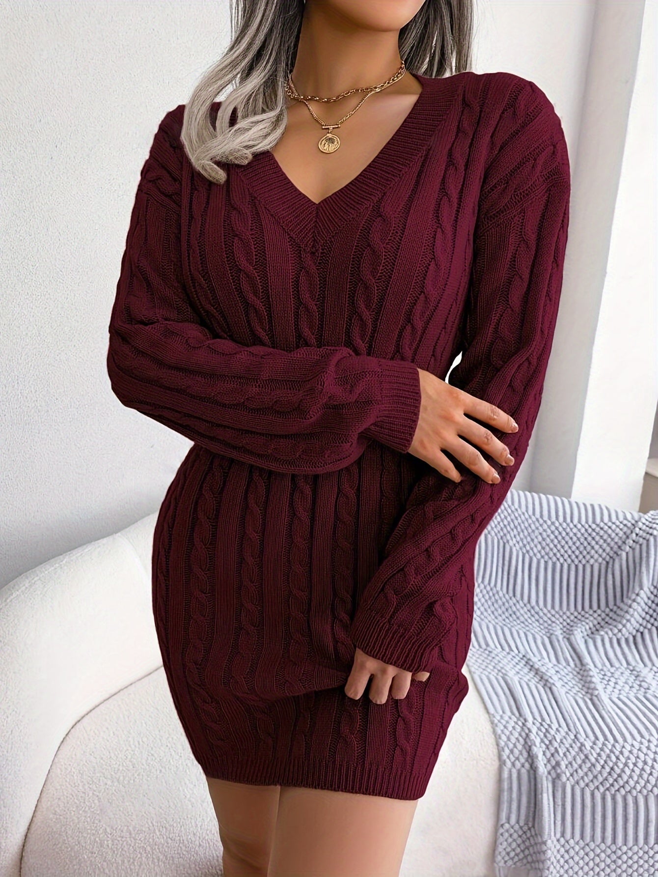 Women's Cable-Knit Peplum Sweater Dress Long Sleeve V-Neck Cozy Midi