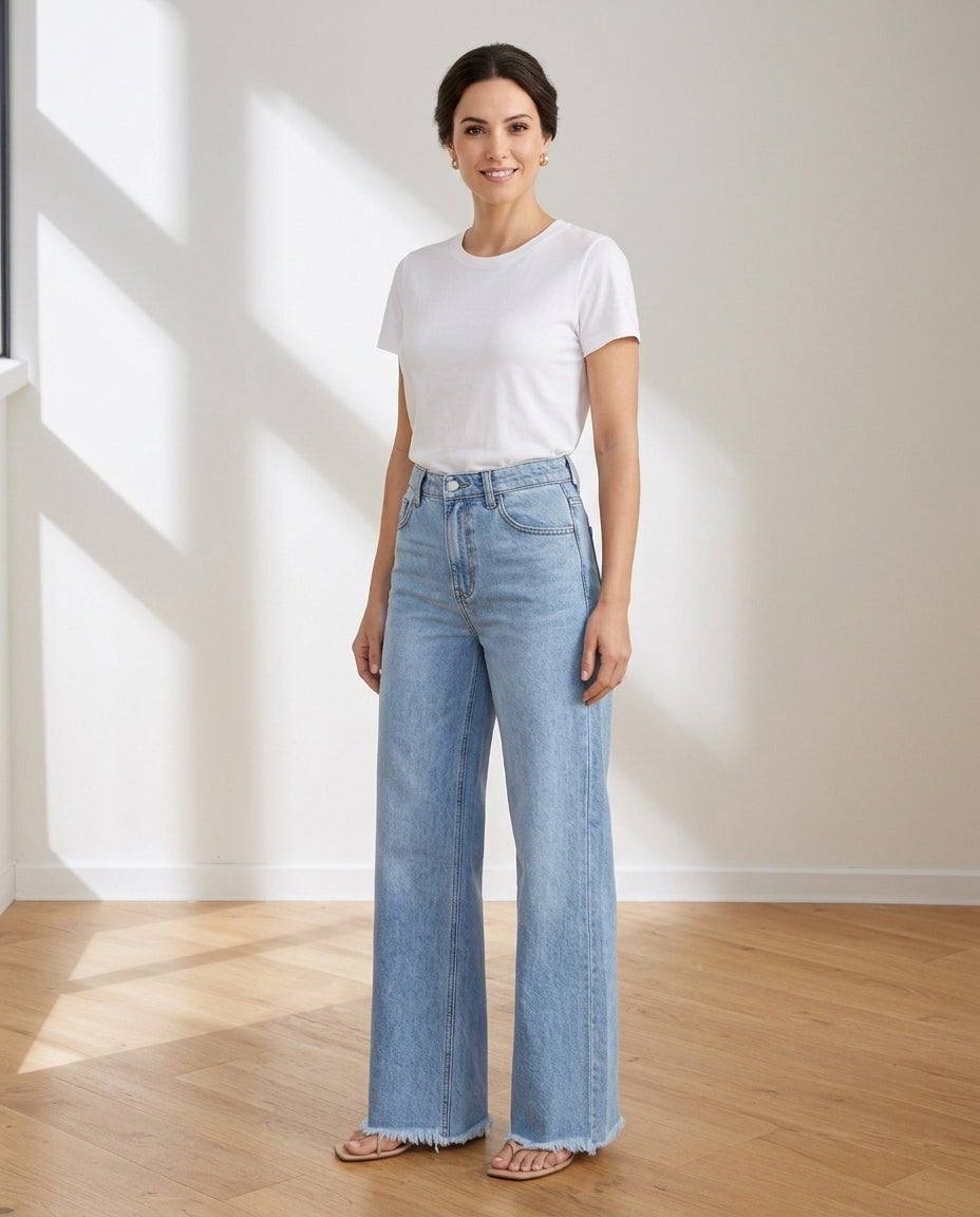 Women’s High-Rise Wide Leg Jeans with Raw Hem
