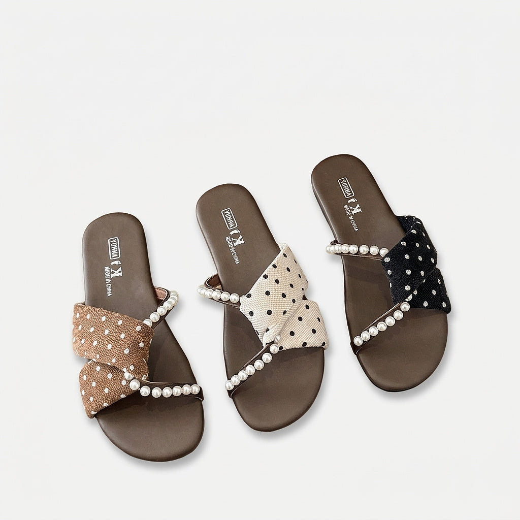 Women’s Flat Slide Sandals with Pearl Embellishments
