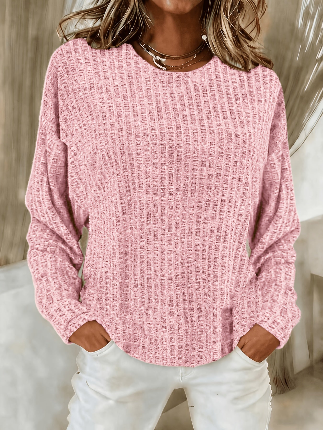Women's Waffle Knit Tunic Sweater Curved Hem Long Sleeve Casual Everyday