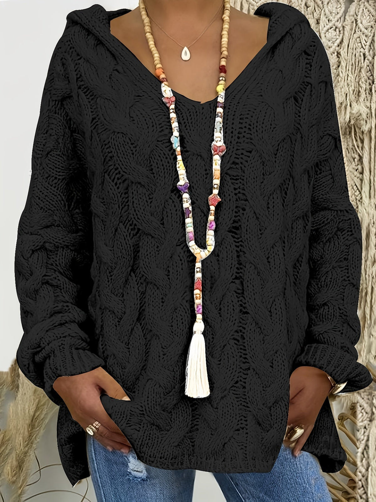 Women's Relaxed V-Neck Sweater Cable Knit Casual Layering Everyday Style