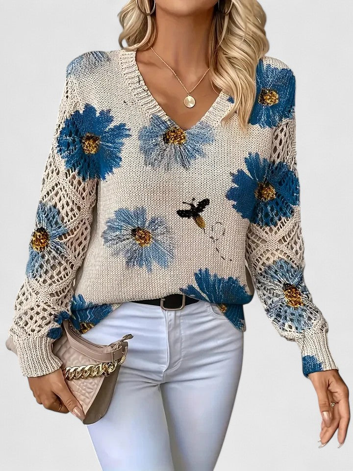 Women's Sweater Floral Pattern Crochet Sleeves Relaxed Fit Casual Everyday