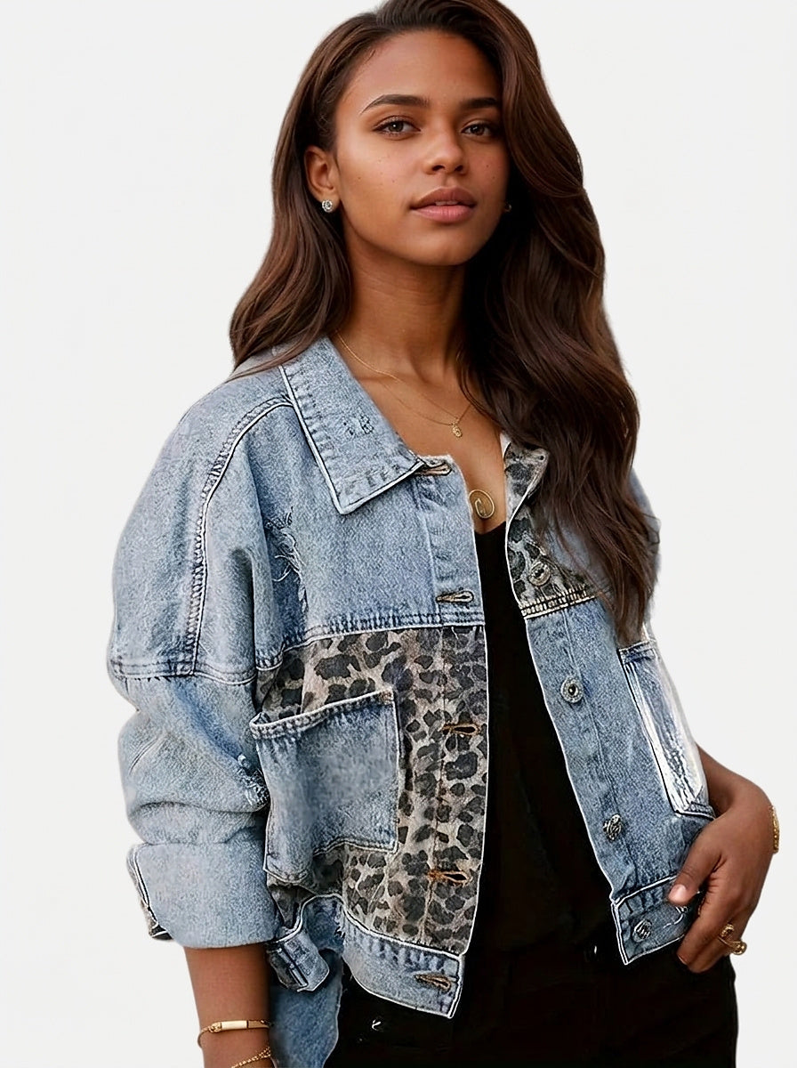 Women’s Denim Jacket with Leopard Print Panels