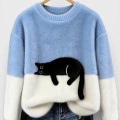 Women's Fluffy Color Block Sweater Classic Crewneck Relaxed Fit Casual Wear