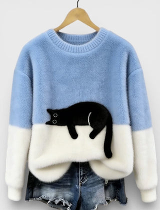 Women's Fluffy Color Block Sweater Classic Crewneck Relaxed Fit Casual Wear