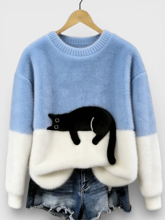 Women's Fluffy Color Block Sweater Classic Crewneck Relaxed Fit Casual Wear