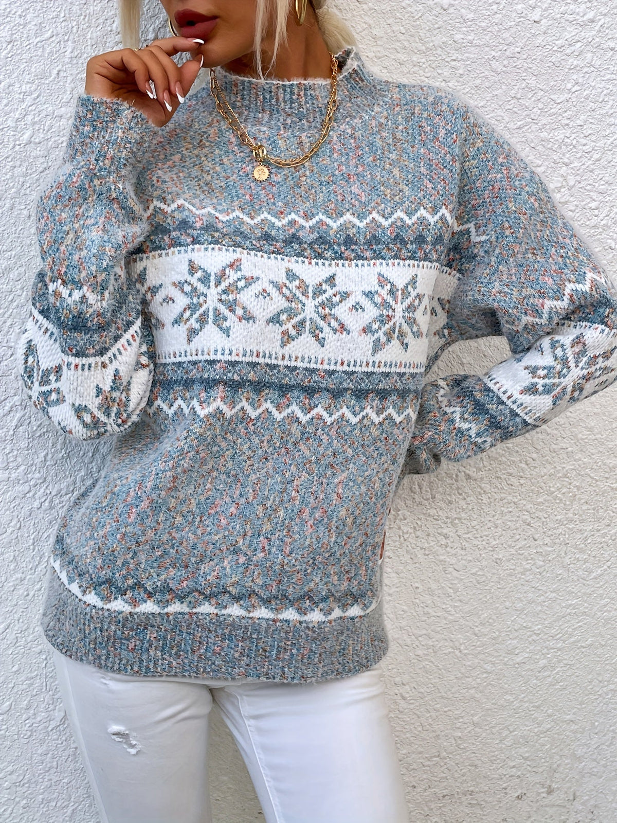 Women's Fair Isle Knit Sweater Mock Neck Long Sleeve Cozy Casual Stylish