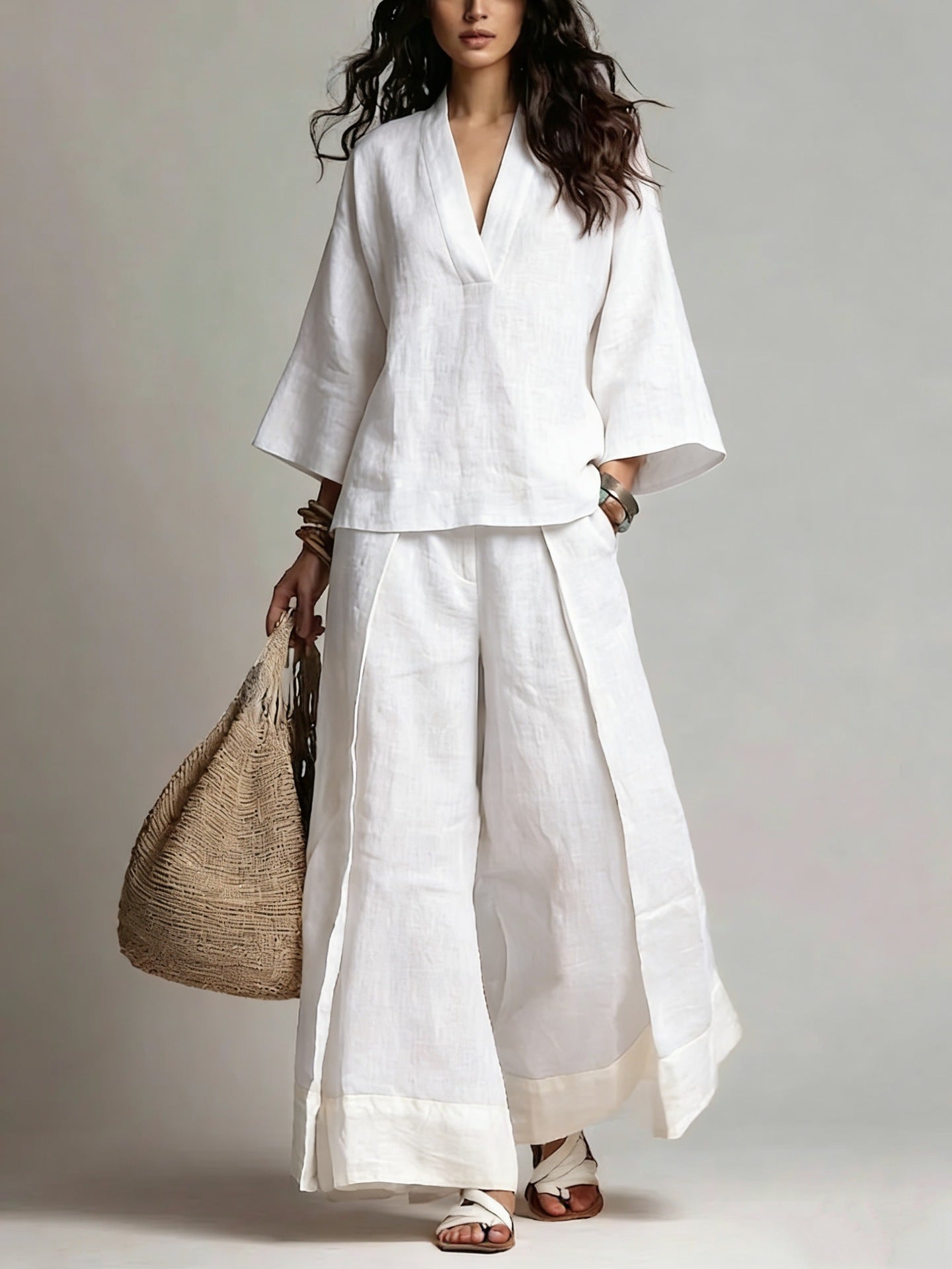 Women's Casual V-Neck Shirt Wide-Leg Pants Set Outfit for Work Brunch Casual Days and Everyday Wear