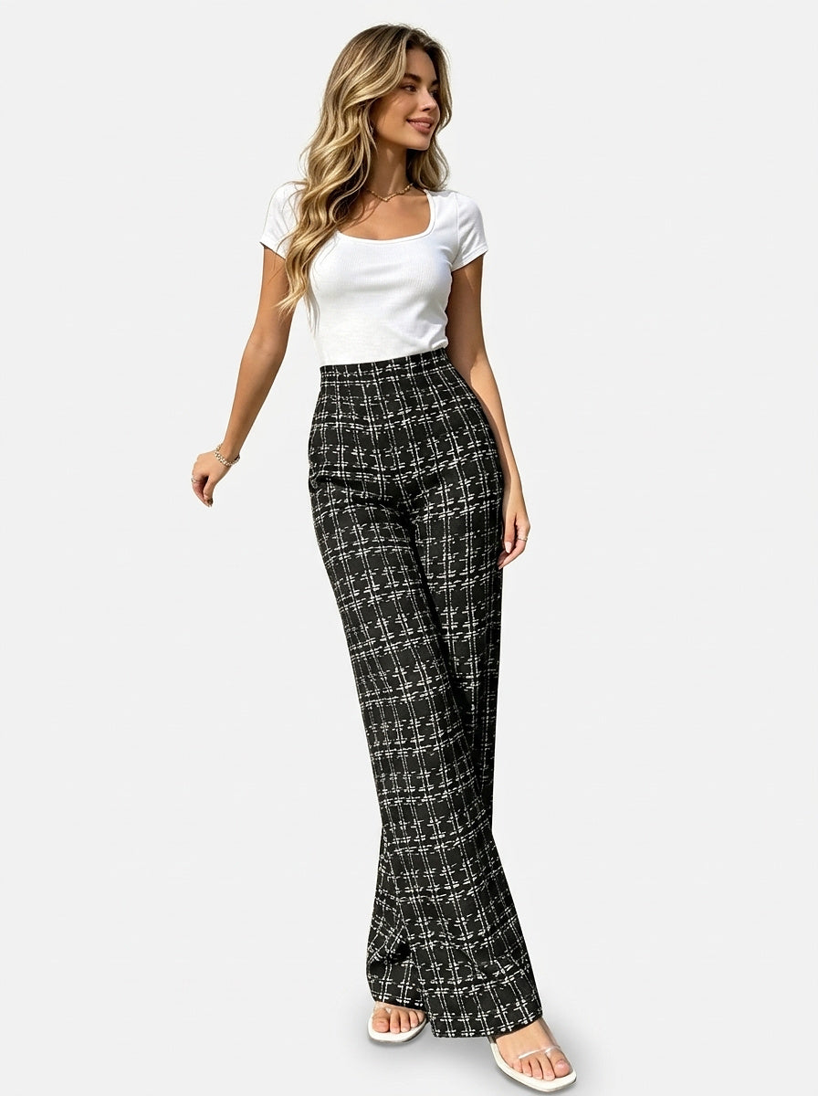 Women’s High-Waisted Plaid Wide-Leg Trousers