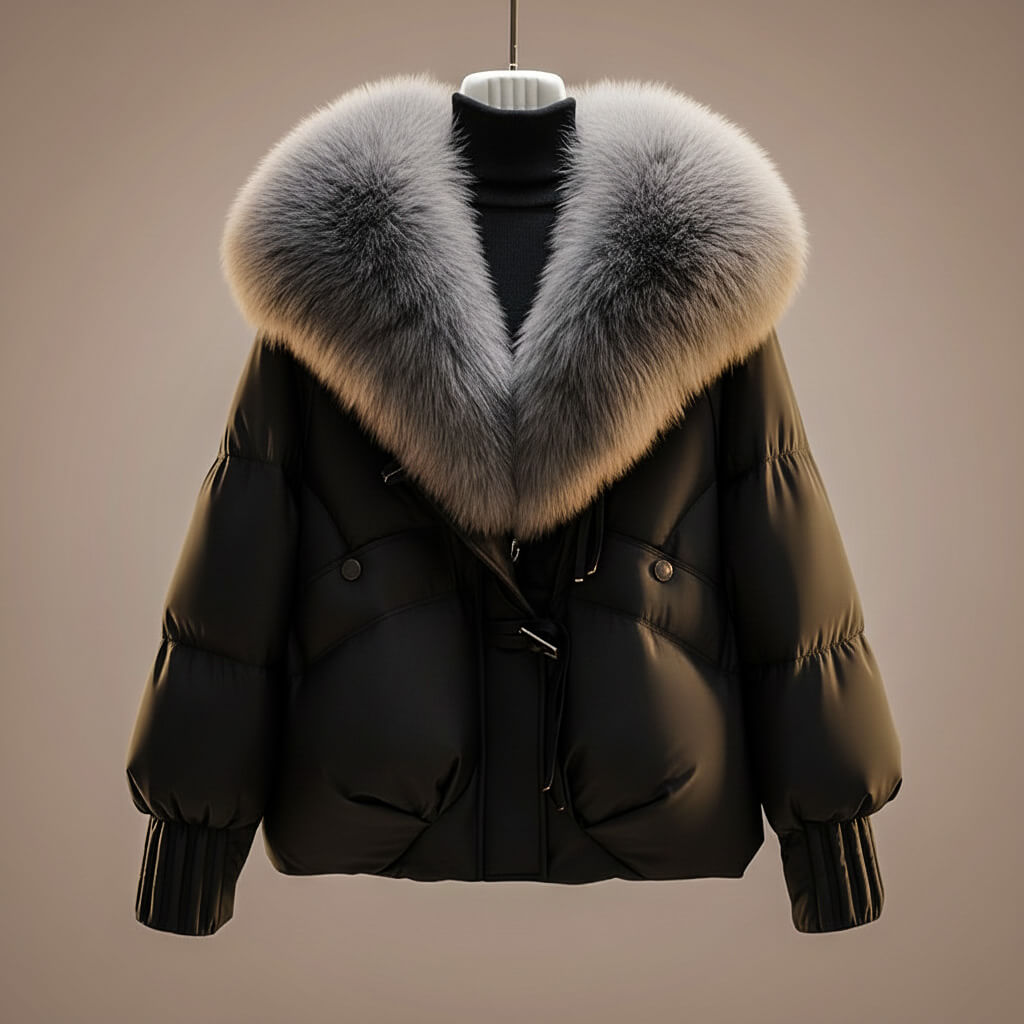 Women's Glossy Puffer Jacket Oversized Faux Fur Collar Stylish Layering