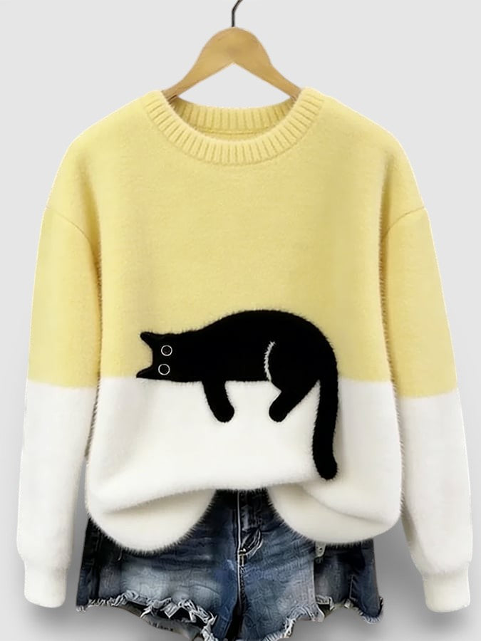 Women's Fluffy Color Block Sweater Classic Crewneck Relaxed Fit Casual Wear