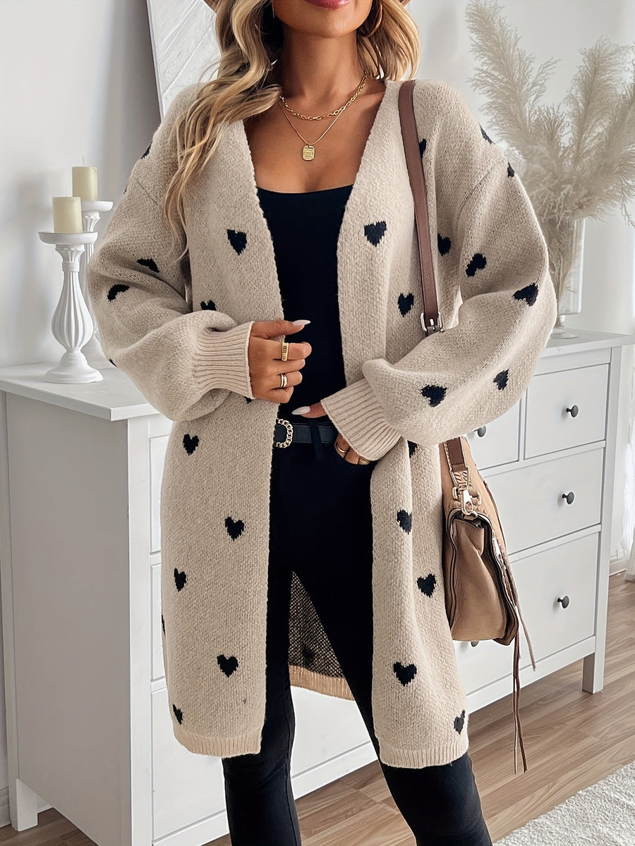 Women's Cardigan Sweater Open Front Heart Patterned Cozy Layering