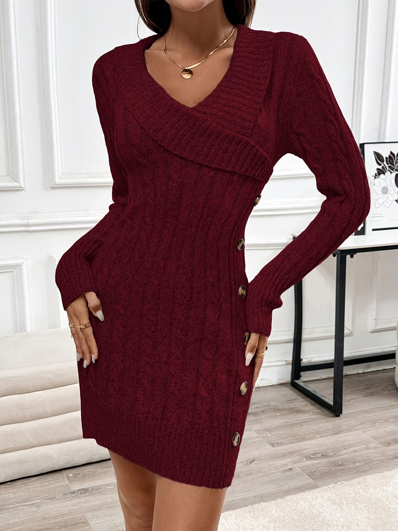 Women's Cable-Knit V-Neck Dress Long Sleeve Casual Cozy Midi