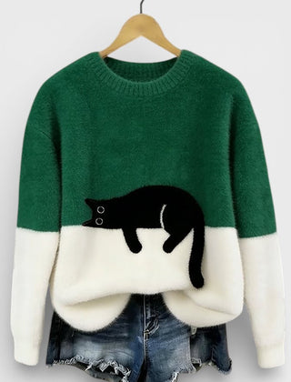 Women's Fluffy Color Block Sweater Classic Crewneck Relaxed Fit Casual Wear