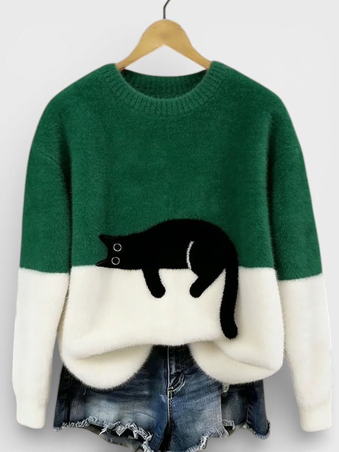 Women's Fluffy Color Block Sweater Classic Crewneck Relaxed Fit Casual Wear