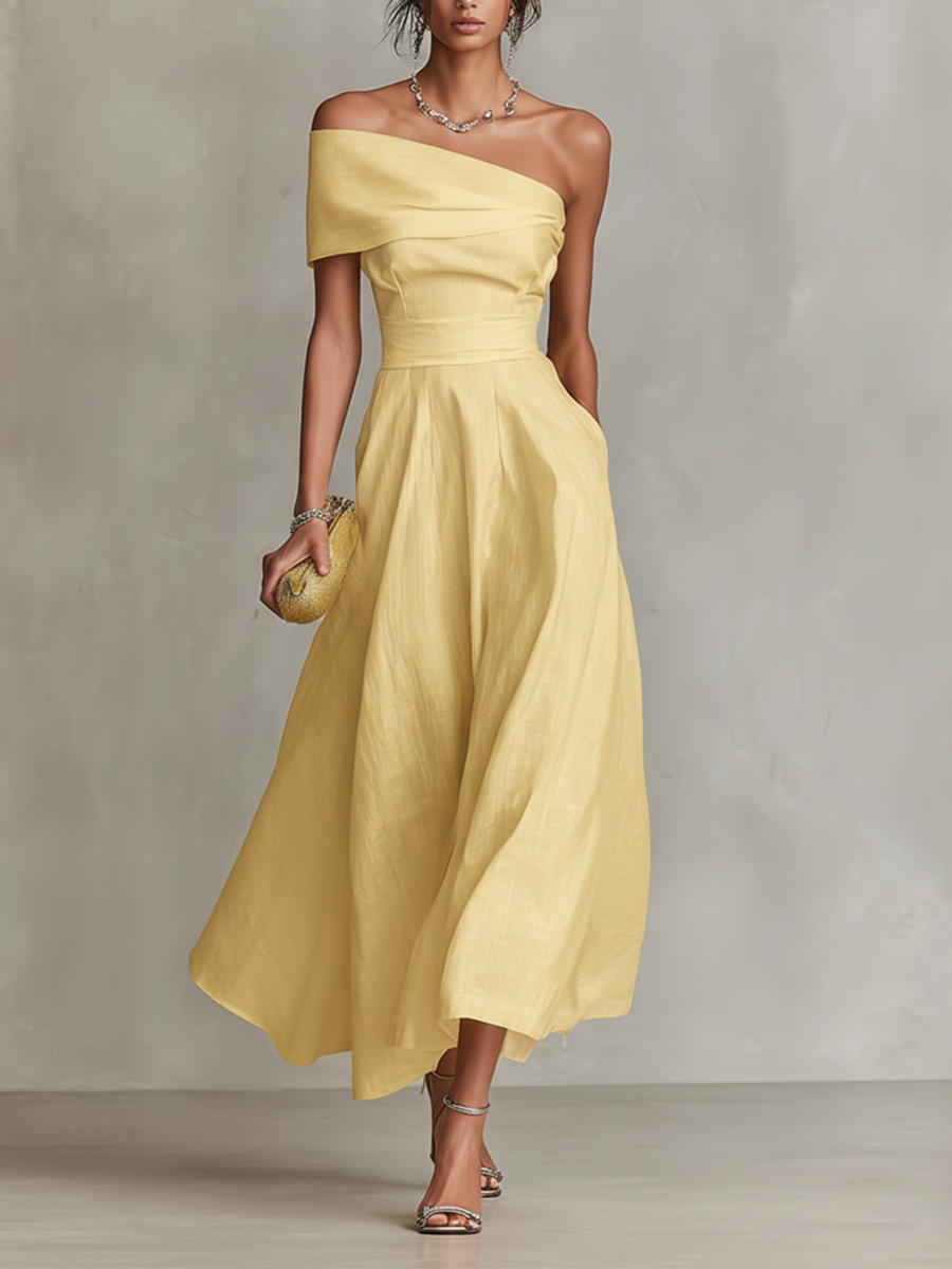Women's Yellow Midi One-Shoulder Dress Outfit for Summer Holidays Weddings Parties and Everyday Wear