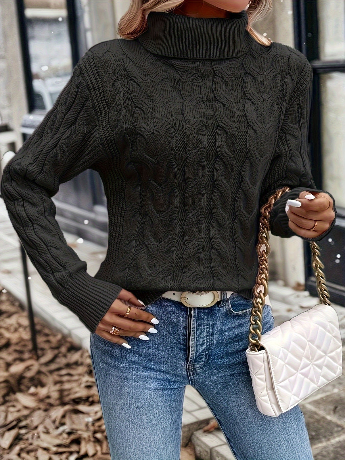 Women's Stylish Cable Knit Turtleneck Sweater Fitted Long Sleeve Cozy Casual