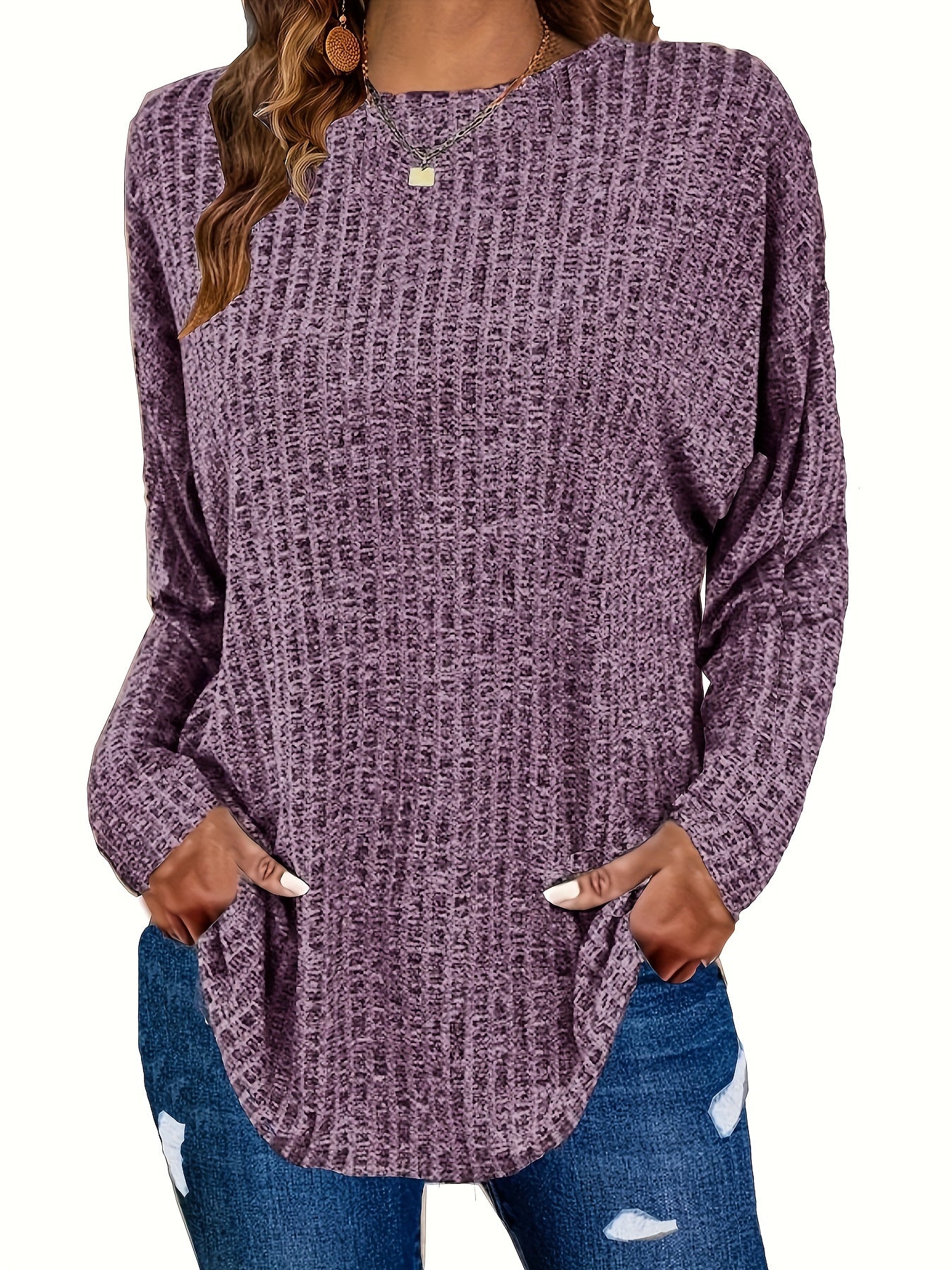Women's Waffle Knit Tunic Sweater Curved Hem Long Sleeve Casual Everyday