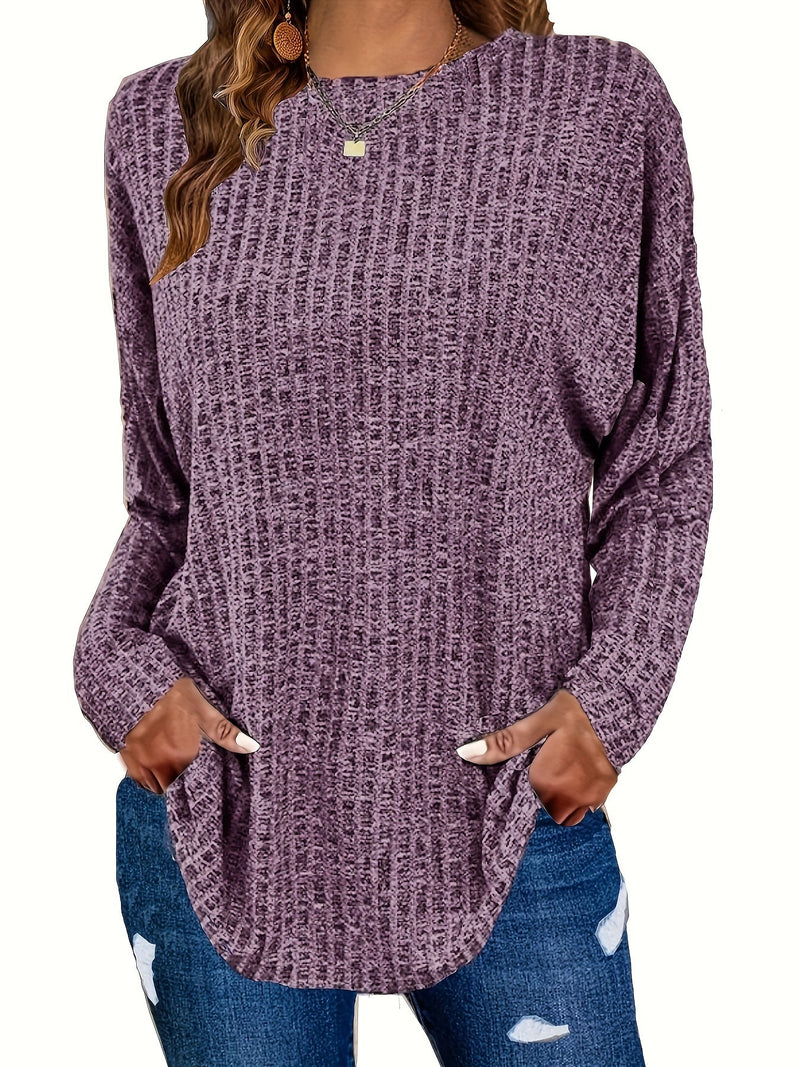 Women's Waffle Knit Tunic Sweater Curved Hem Long Sleeve Casual Everyday