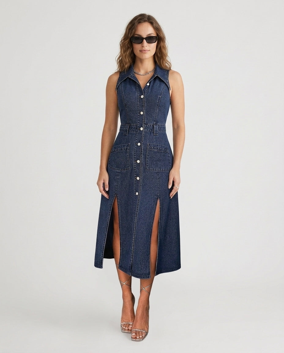 Women's Sleeveless Denim Midi Dress with Front Slits