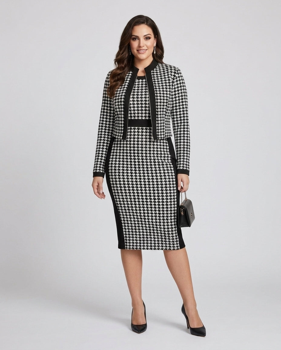 Women's Houndstooth Patterned Zip-Front Midi Dress