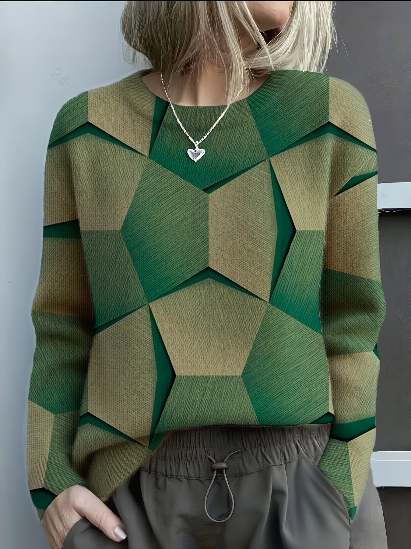 Women's Geometric Colorblock Knit Sweater Long Sleeve Crew Neck Casual Everyday