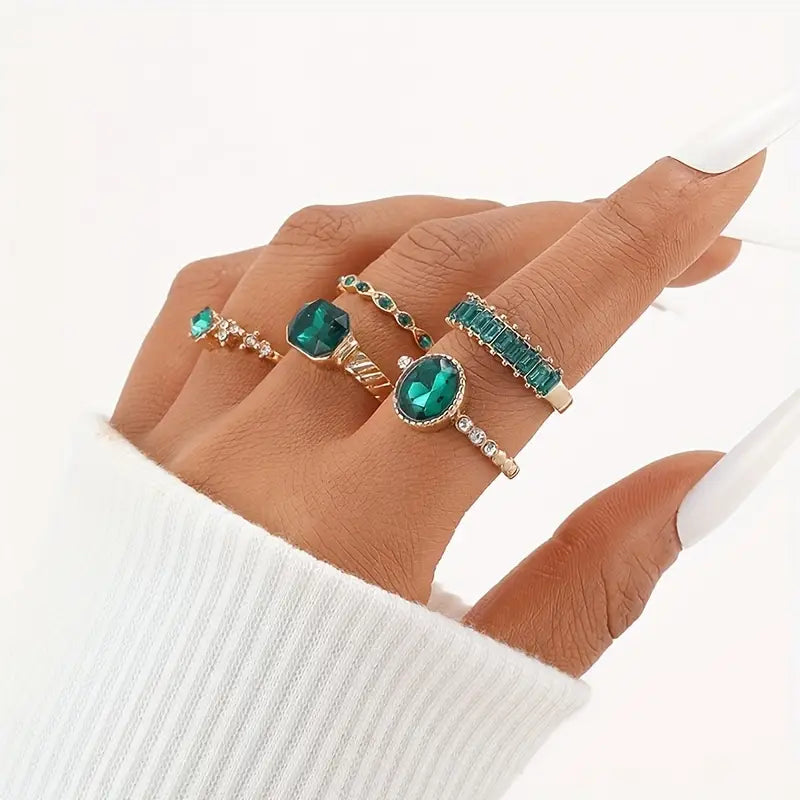 Women's Gold Emerald Ring Set Statement Jewellery Jewelry Gift for Women Weddings Parties Prom and Everyday Wear