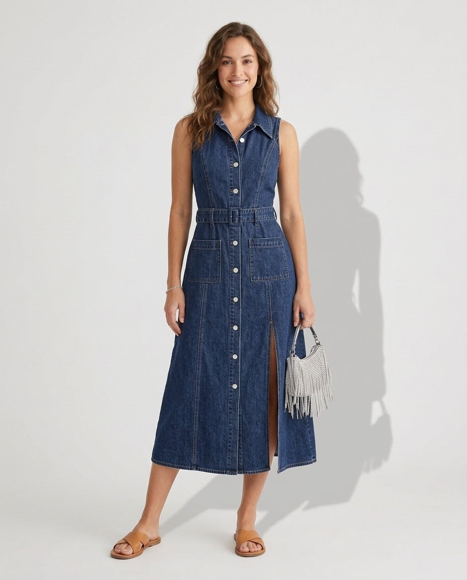Women's Sleeveless Denim Midi Dress with Front Slits