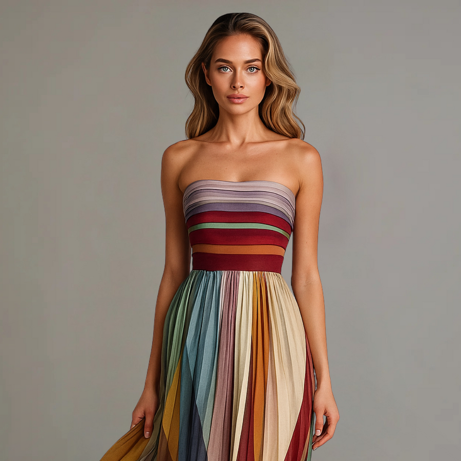 Women's Colourful Pleated Maxi Strapless Summer Dress Outfit for Summer Holidays Weddings Parties and Everyday Wear