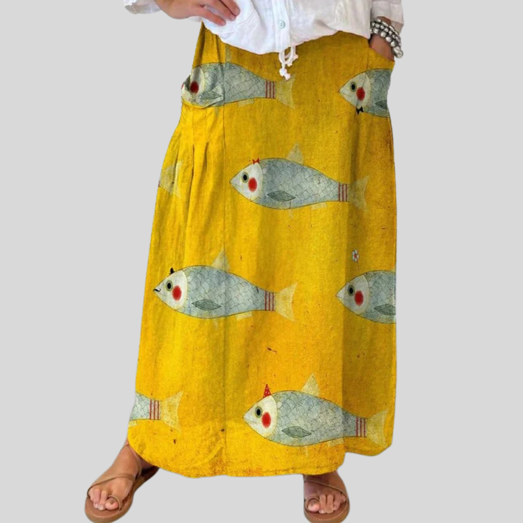 Women's Artistic Fish Print Vintage Skirt Outfit for Work Brunch Parties Holidays and Everyday Wear