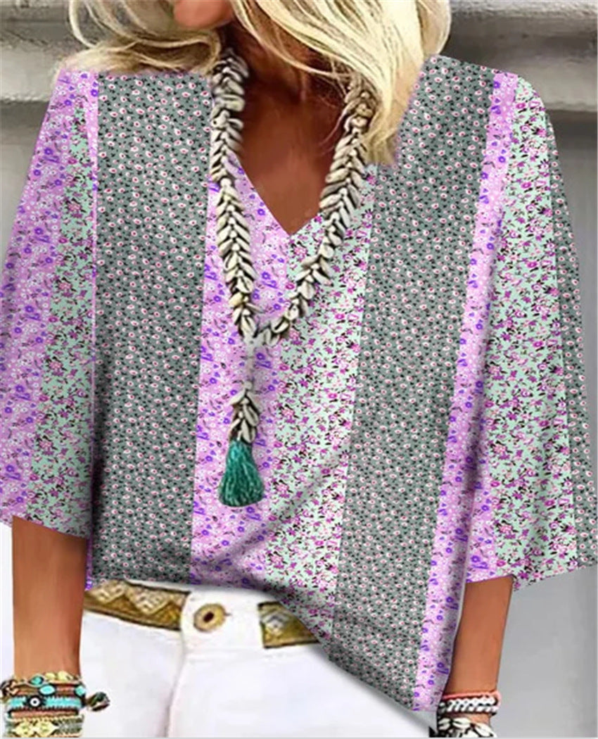 Women's Ditsy Floral Patchwork V-Neck Sleeve Top Outfit for Work Brunch Casual Days and Everyday Wear