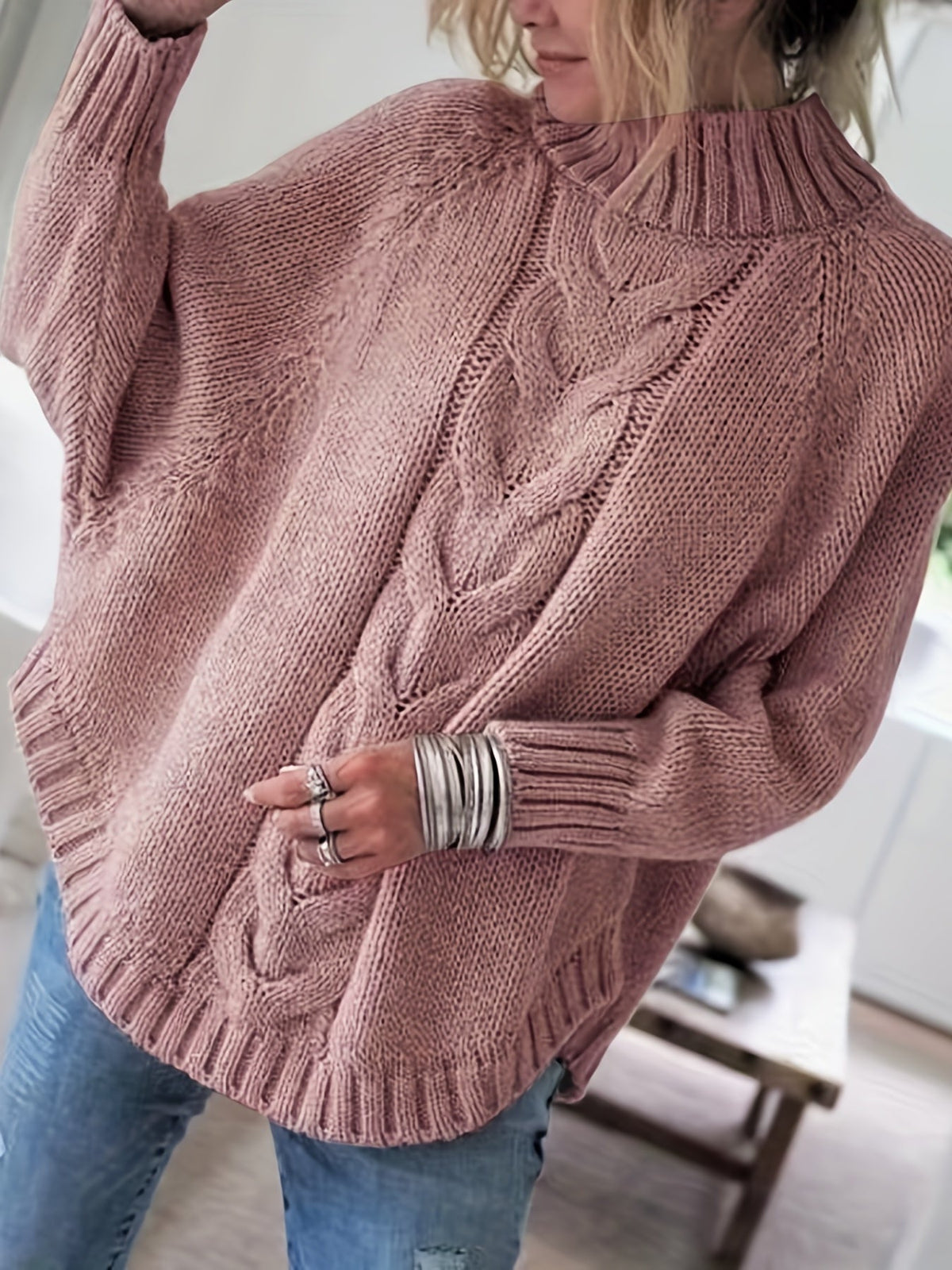Women's Classic Cable Knit Mock Neck Sweater Cozy Fit Versatile Layering Casual Everyday