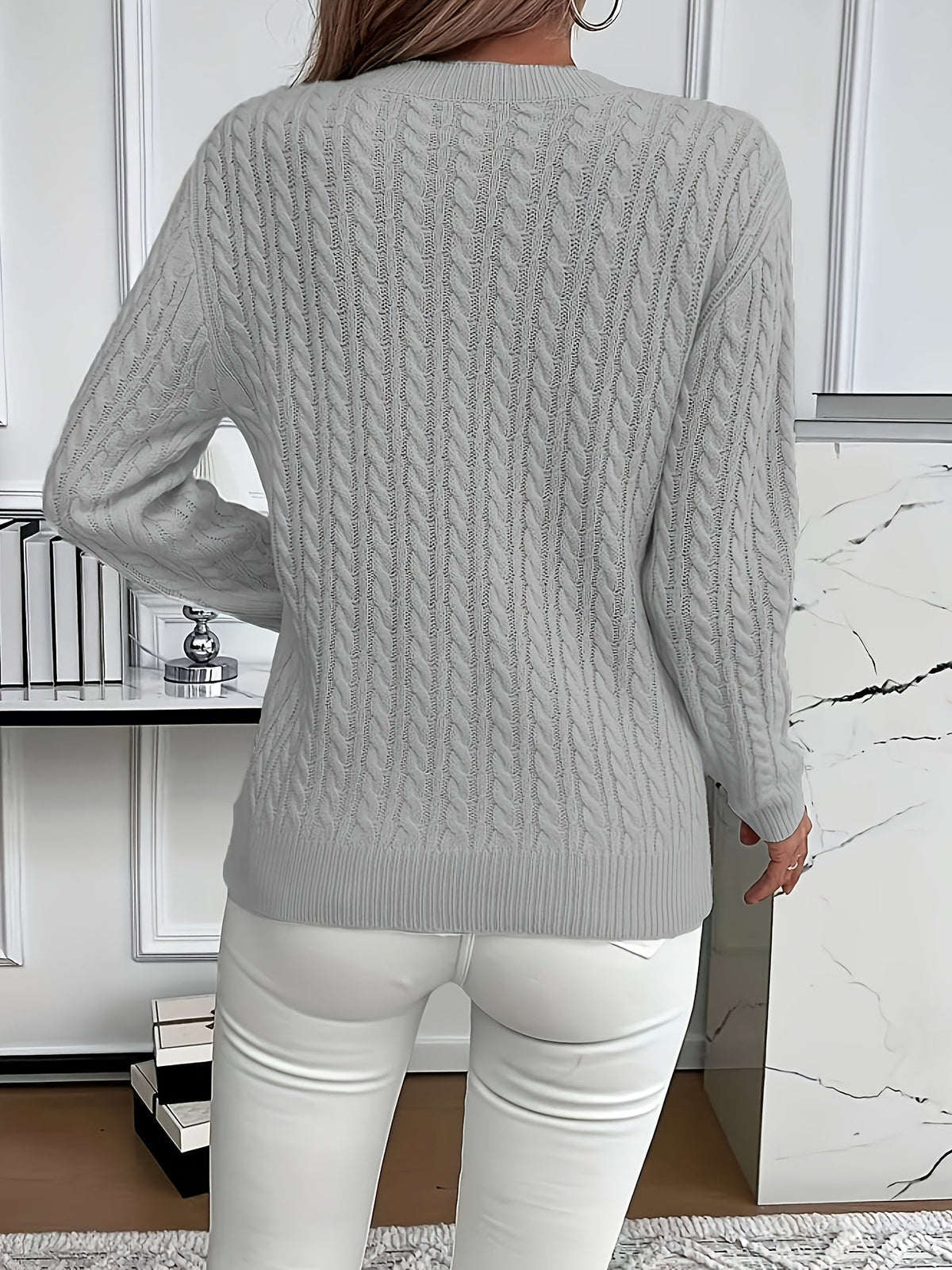 Women's Cozy Cable Knit Sweater Crewneck Long Sleeve Casual Everyday
