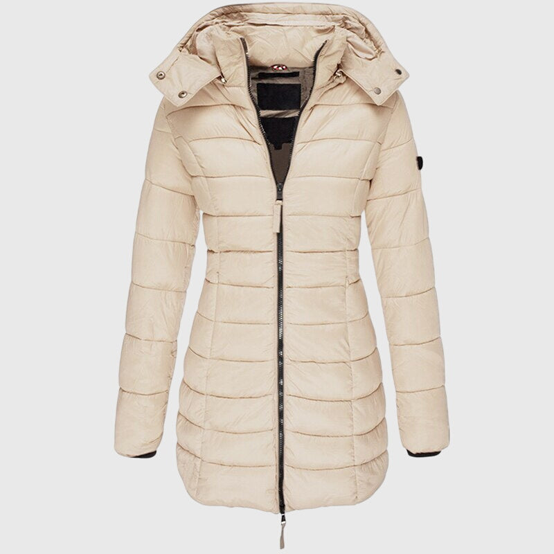 Women's Long Down Jacket Relaxed Fit Hooded Zip Closure Stylish Winter Outerwear