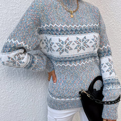 Women's Fair Isle Knit Sweater Mock Neck Long Sleeve Cozy Casual Stylish